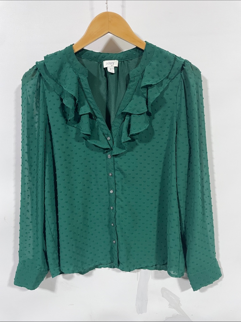 J. Crew Emerald Green Ruffle Swiss Dot Button-Front Blouse